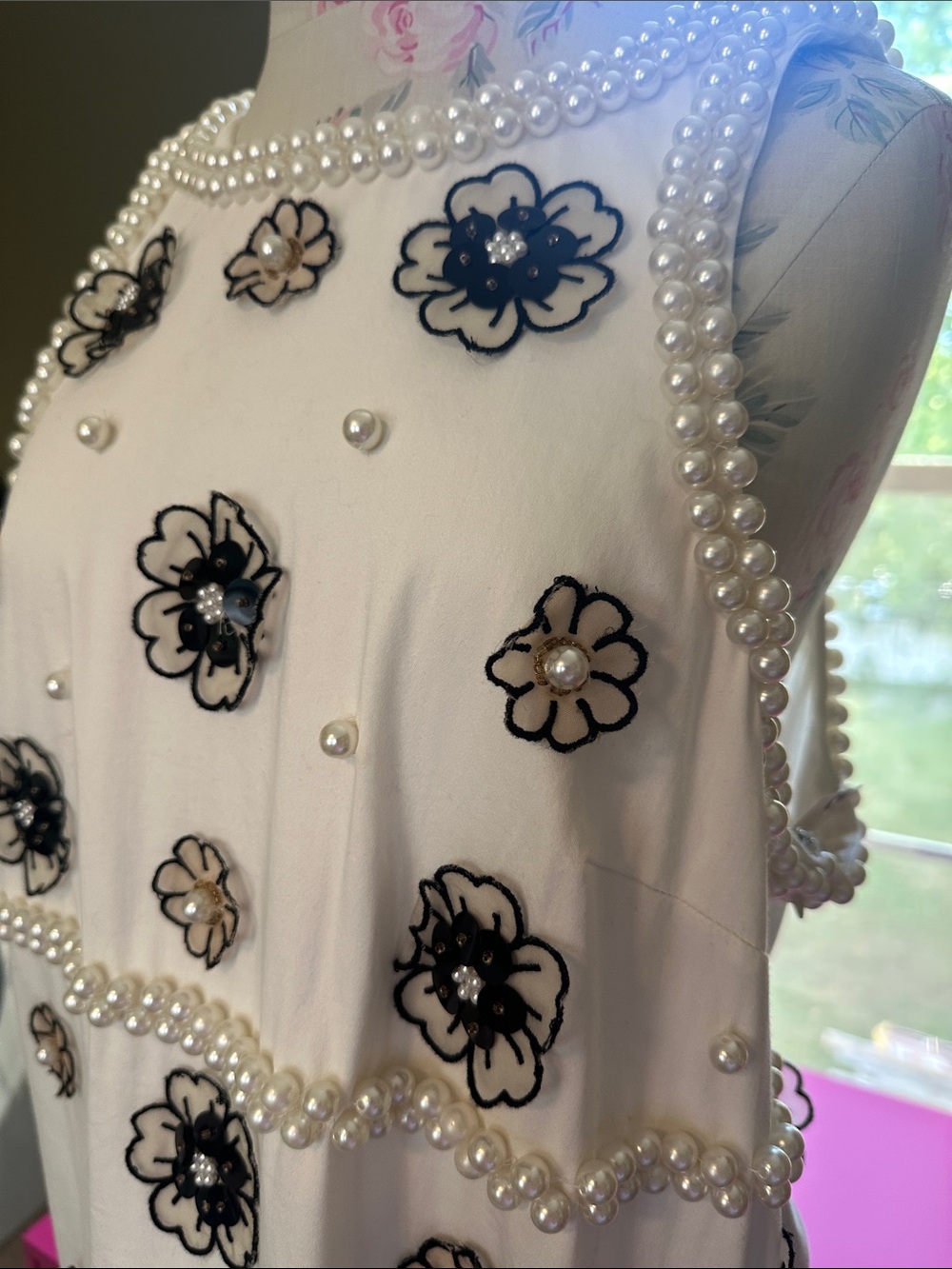Maeve White Pearl-Trim Floral Appliqué Dress